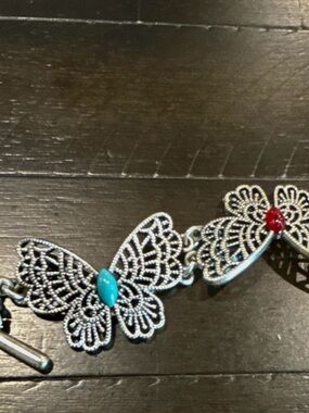 Silver Butterfly Link Bracelet with Turquoise and Red Stones